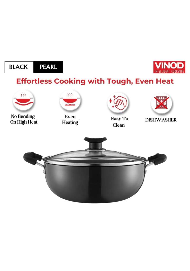 Vinod Black Pearl Hard Anodised Non-Stick Deep Kadhai Wok with Glass Lid | 1.6 L | 1.7 Qt | 18 cm | 7.1 Inch - Indya