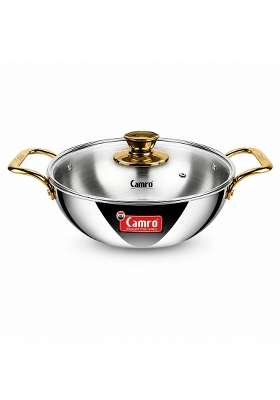 Camro Triply Artisian Kadhai Wok with Glass Lid Golden Handles Induction Stove Gas | 1.2 L | 1.3 Qt | 20 cm | 7.9 Inch