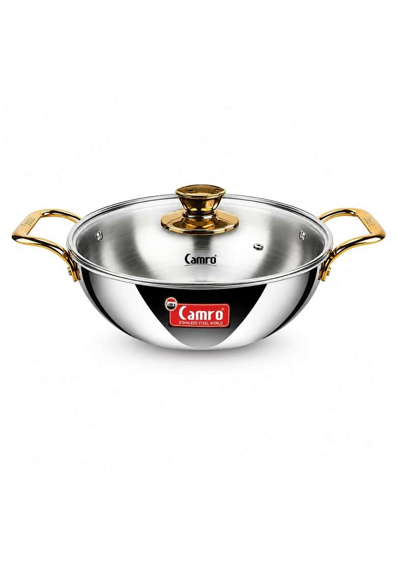 Camro Triply Artisian Kadhai Wok with Glass Lid Golden Handles Induction Stove Gas | 1.2 L | 1.3 Qt | 20 cm | 7.9 Inch - Indya