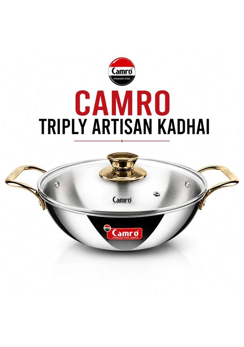 Camro Triply Artisian Kadhai Wok with Glass Lid Golden Handles Induction Stove Gas | 1.2 L | 1.3 Qt | 20 cm | 7.9 Inch - Indya