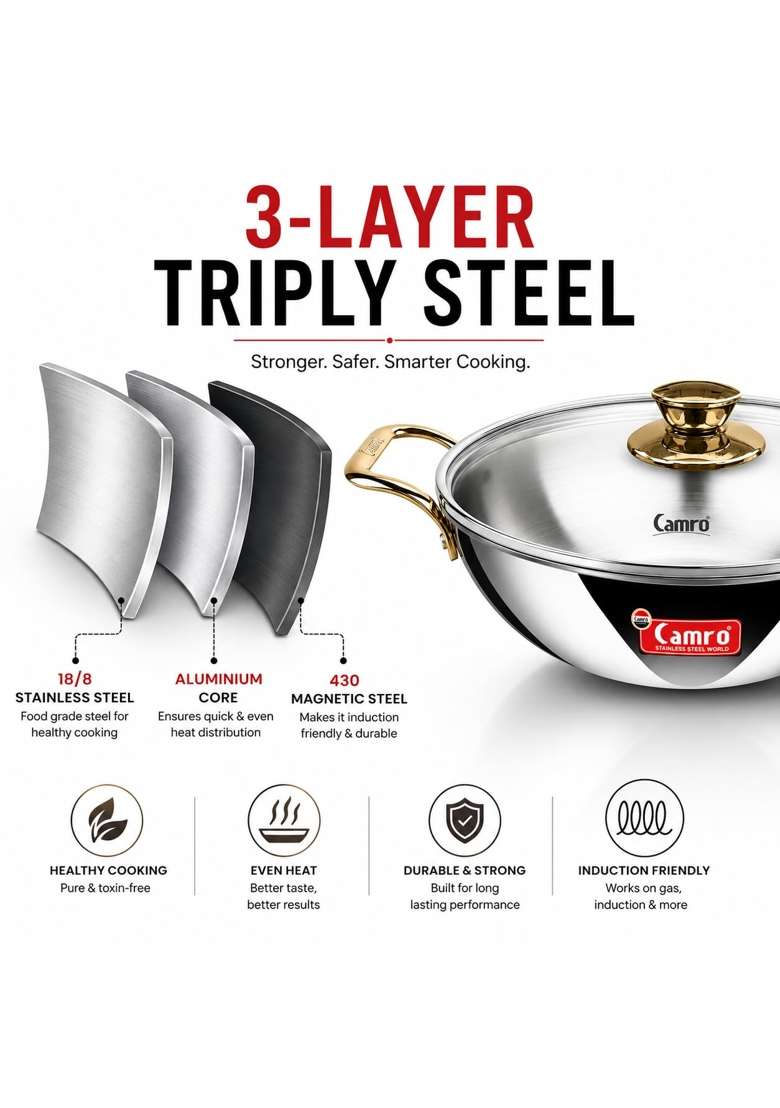 Camro Triply Artisian Kadhai Wok with Glass Lid Golden Handles Induction Stove Gas | 1.2 L | 1.3 Qt | 20 cm | 7.9 Inch - Indya