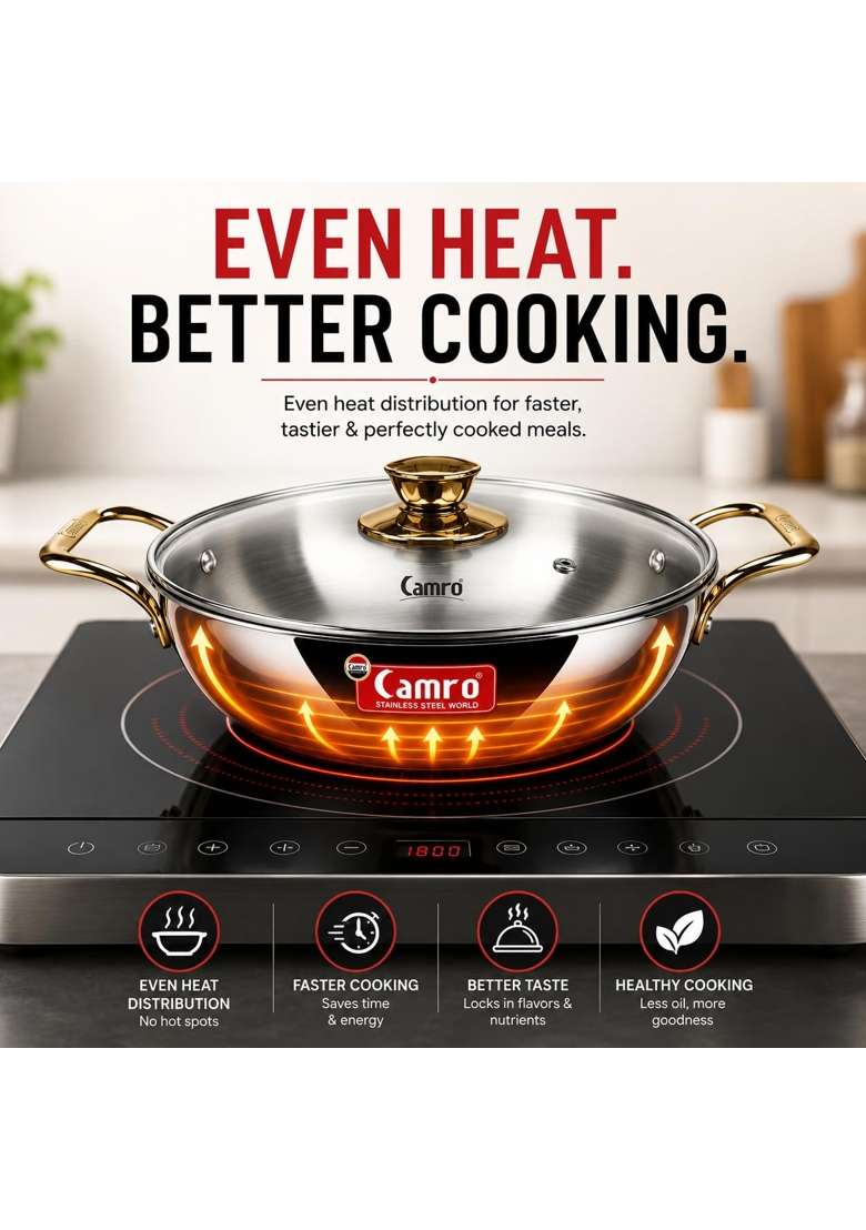Camro Triply Artisian Kadhai Wok with Glass Lid Golden Handles Induction Stove Gas | 1.2 L | 1.3 Qt | 20 cm | 7.9 Inch - Indya
