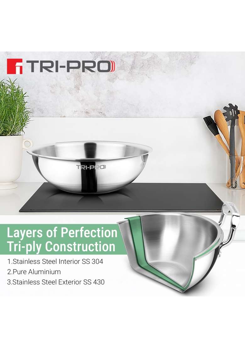 BERGNER Tripro TriPly Stainless Steel Cook and Serve Tasla Deep Pan Tasra Kadai Handleless Wok | 2.5 L | 2.6 Qt | 22 cm | 8.7 Inch - Indya