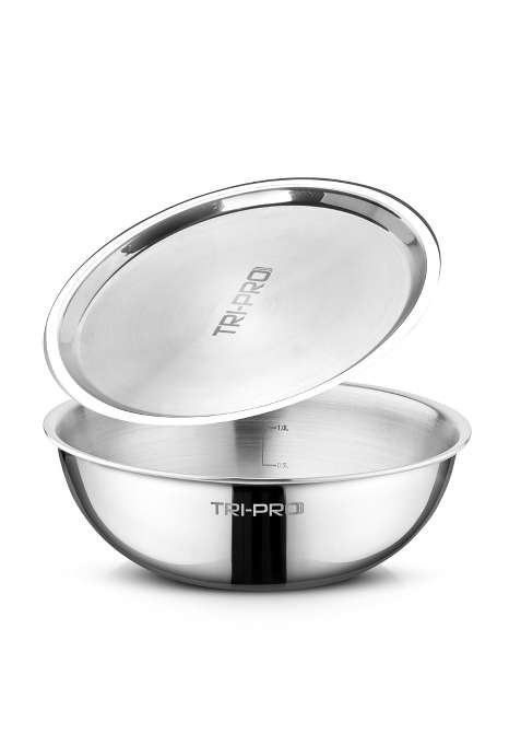 BERGNER Tripro TriPly Stainless Steel Cook and Serve Tasla Deep Pan Tasra Kadai Handleless Wok | 2.5 L | 2.6 Qt | 22 cm | 8.7 Inch