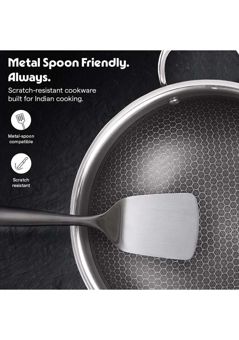 Borosil Triply Honeycomb Kadai with Stainless Steel Lid | 1 L | 1.1 Qt | 18 cm | 7.1 Inch | Induction Compatible | Dishwasher Safe - Indya
