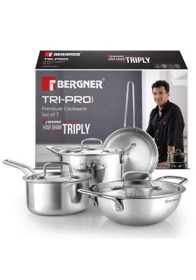 BERGNER TriPro Triply Stainless Steel Cookware Set | 1.5 L | 1.6 Qt | 20 cm | 7.9 Inch | 7-Piece Set | Induction Compatible