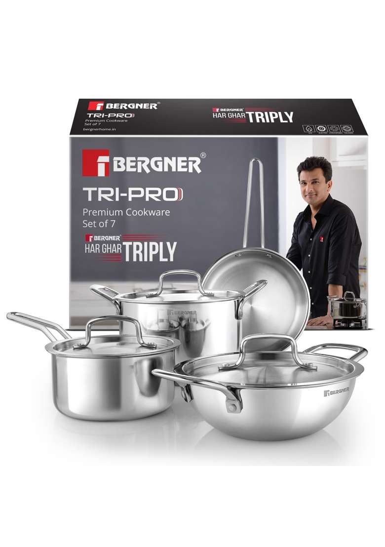 BERGNER TriPro Triply Stainless Steel Cookware Set | 1.5 L | 1.6 Qt | 20 cm | 7.9 Inch | 7-Piece Set | Induction Compatible - Indya