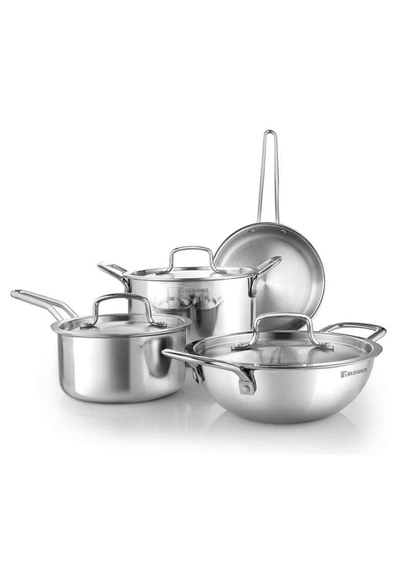 BERGNER TriPro Triply Stainless Steel Cookware Set | 1.5 L | 1.6 Qt | 20 cm | 7.9 Inch | 7-Piece Set | Induction Compatible - Indya