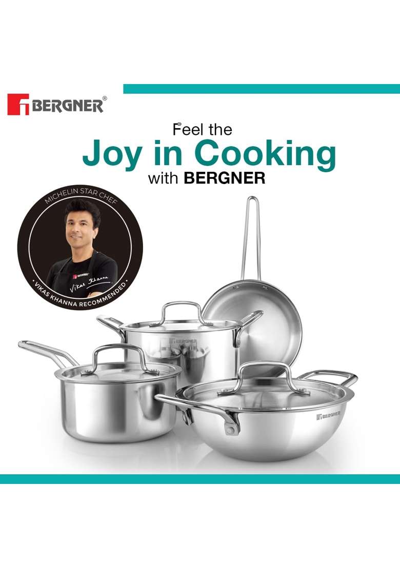 BERGNER TriPro Triply Stainless Steel Cookware Set | 1.5 L | 1.6 Qt | 20 cm | 7.9 Inch | 7-Piece Set | Induction Compatible - Indya