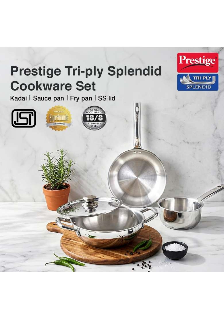 Prestige Triply Cookware Set | 1.2 L | 1.3 Qt | 22 cm | 8.7 Inch | Pack of 4 | Induction Compatible - Indya