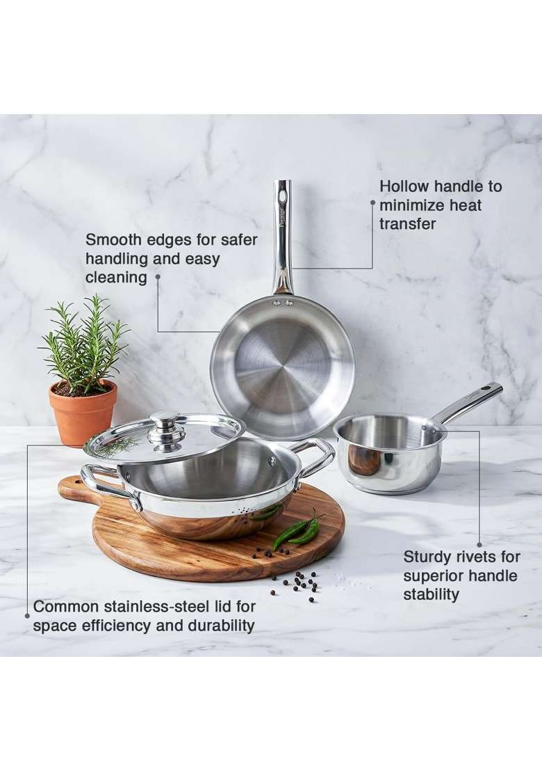 Prestige Triply Cookware Set | 1.2 L | 1.3 Qt | 22 cm | 8.7 Inch | Pack of 4 | Induction Compatible - Indya