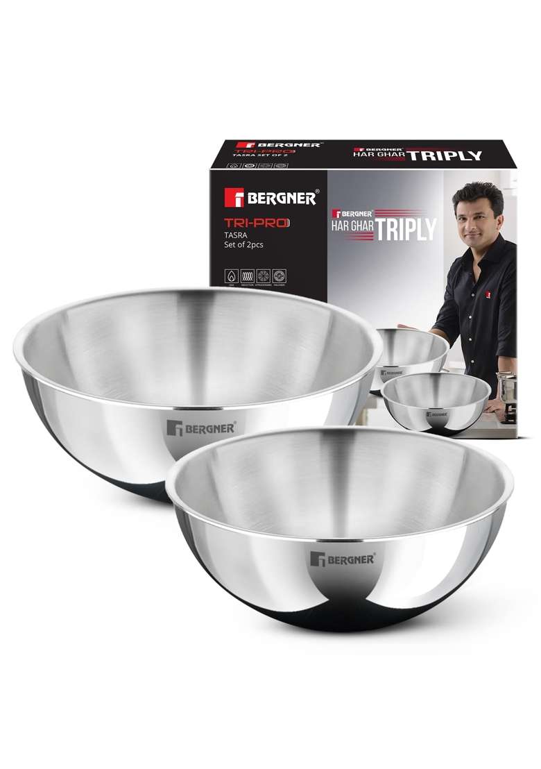 BERGNER Tripro Triply Stainless Steel Tasra Deep Pan Set | 2 L | 2.1 Qt | 20 cm | 7.9 Inch | 2-Piece Set | Induction Compatible - Indya