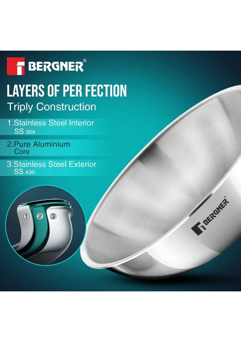 BERGNER Tripro Triply Stainless Steel Tasra Deep Pan Set | 2 L | 2.1 Qt | 20 cm | 7.9 Inch | 2-Piece Set | Induction Compatible - Indya
