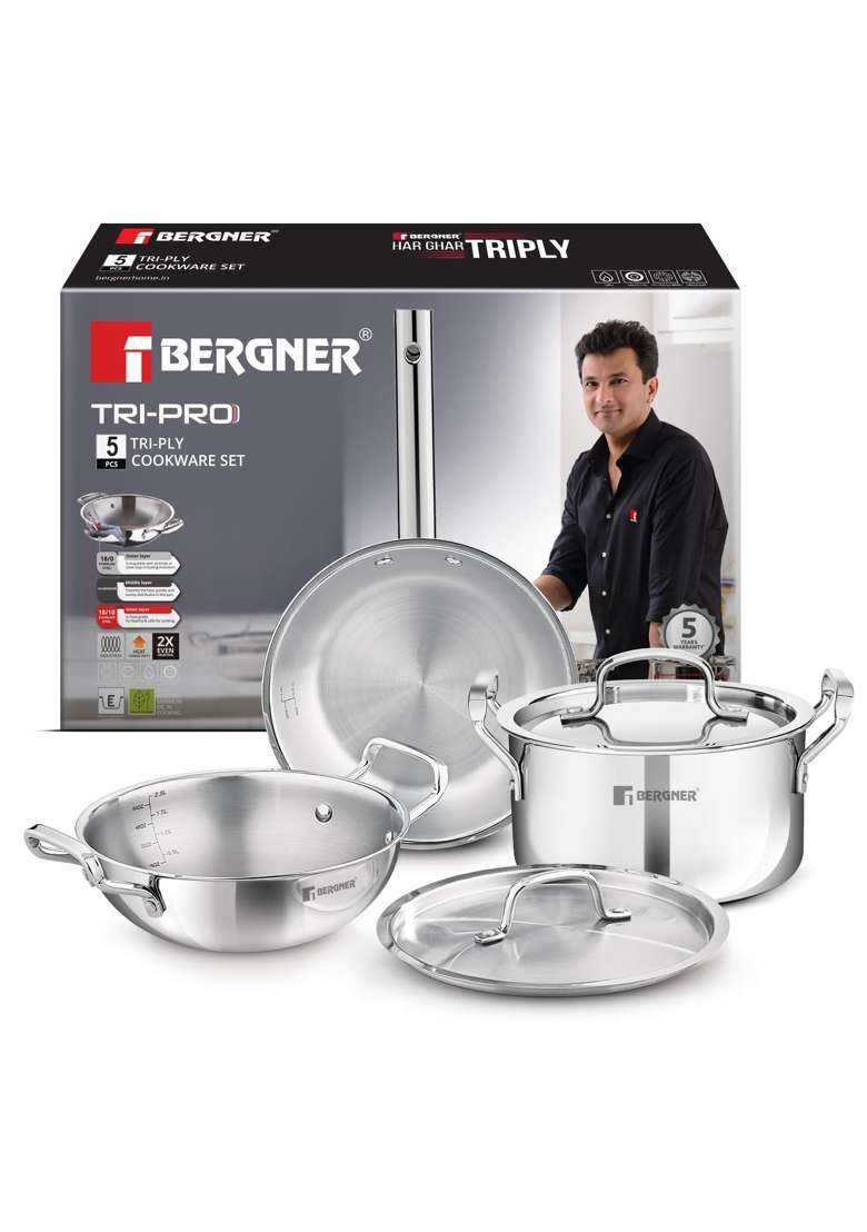 BERGNER TriPro Triply Stainless Steel Cookware Set | 3 L | 3.2 Qt | 24 cm | 9.4 Inch | 5-Piece Set | Induction Compatible | With Lid - Indya