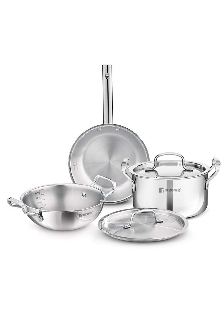 BERGNER TriPro Triply Stainless Steel Cookware Set | 3 L | 3.2 Qt | 24 cm | 9.4 Inch | 5-Piece Set | Induction Compatible | With Lid - Indya