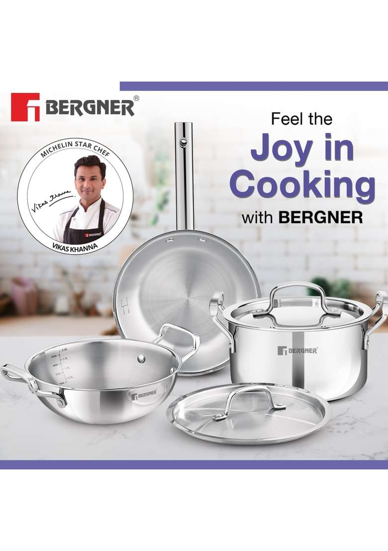 BERGNER TriPro Triply Stainless Steel Cookware Set | 3 L | 3.2 Qt | 24 cm | 9.4 Inch | 5-Piece Set | Induction Compatible | With Lid - Indya