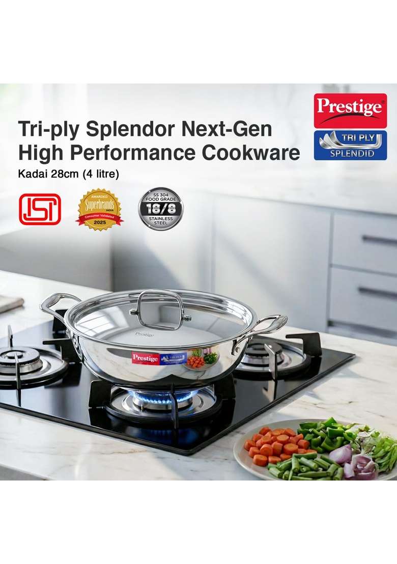 Prestige Tri-Ply Stainless Steel Splendid Kadai Wok with Lid | 4 L | 4.2 Qt | 28 cm | 11 Inch | Induction Compatible - Indya