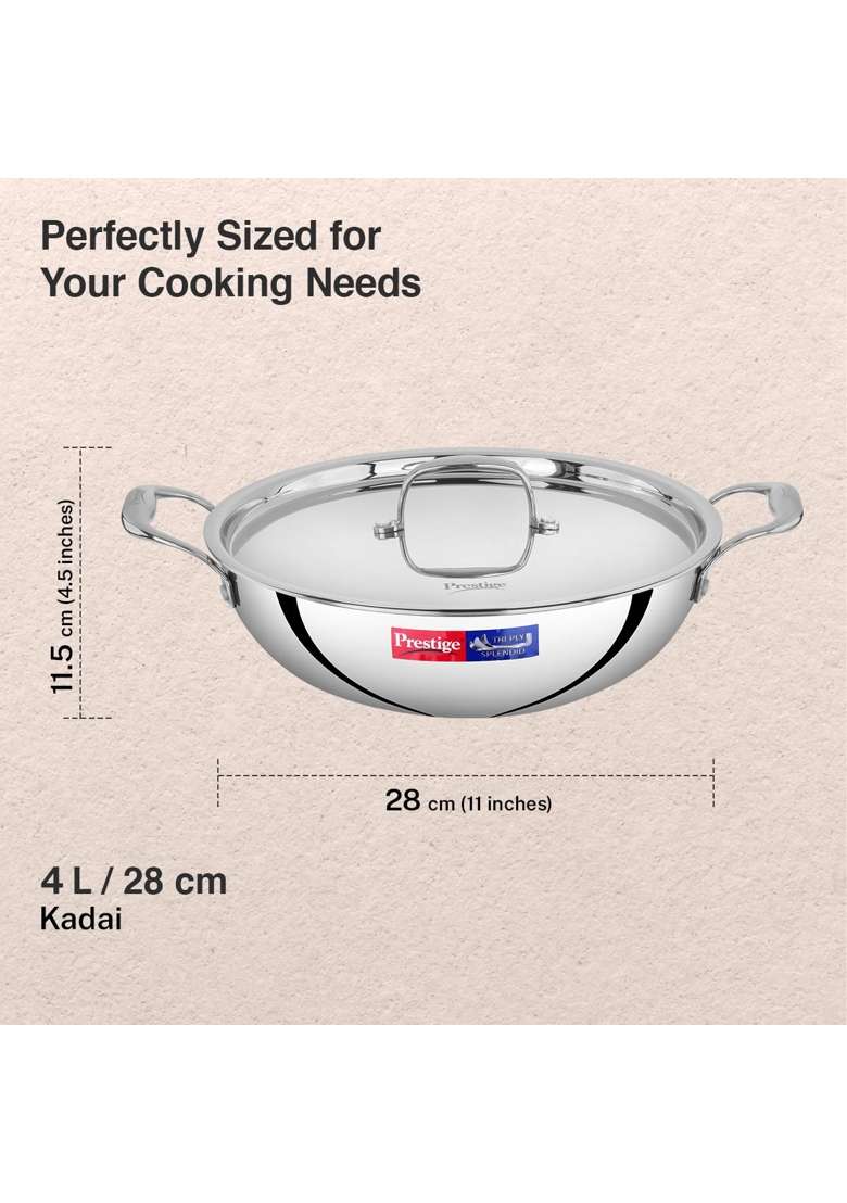 Prestige Tri-Ply Stainless Steel Splendid Kadai Wok with Lid | 4 L | 4.2 Qt | 28 cm | 11 Inch | Induction Compatible - Indya