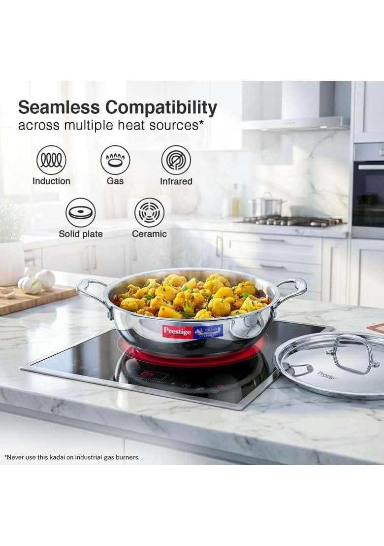 Prestige Tri-Ply Stainless Steel Splendid Kadai Wok with Lid | 4 L | 4.2 Qt | 28 cm | 11 Inch | Induction Compatible - Indya