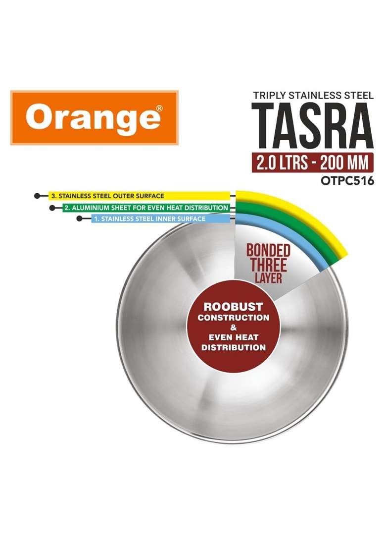Orange Stainless Steel Triply Tasra Deep Pan Without Lid | 2 L | 2.1 Qt | 20 cm | 7.9 Inch | Induction Compatible | Heavy Bottom - Indya
