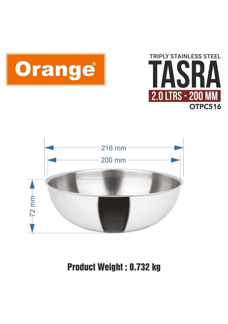 Orange Stainless Steel Triply Tasra Deep Pan Without Lid | 2 L | 2.1 Qt | 20 cm | 7.9 Inch | Induction Compatible | Heavy Bottom - Indya
