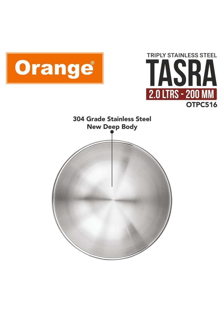Orange Stainless Steel Triply Tasra Deep Pan Without Lid | 2 L | 2.1 Qt | 20 cm | 7.9 Inch | Induction Compatible | Heavy Bottom - Indya