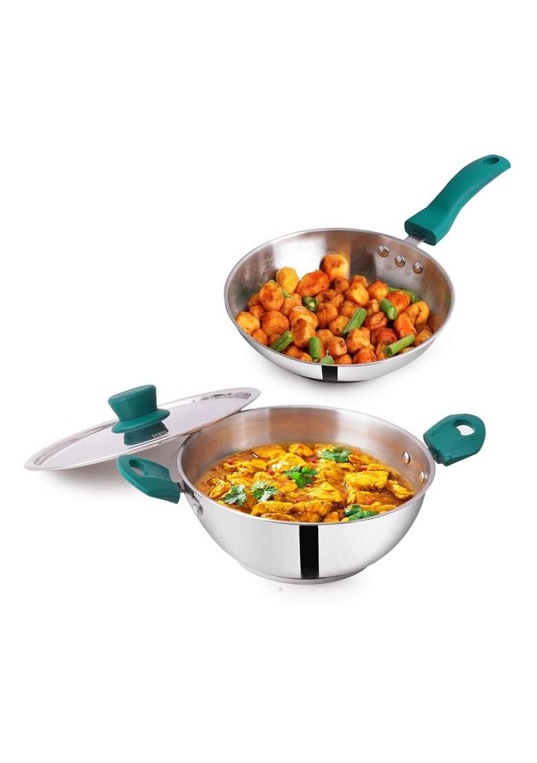 The Indus Valley Stainless Steel Cookware Set 3-Layer Thick Bottom | 1.5 L | 1.6 Qt | 22.8 cm | 9 Inch | 3-Piece Set | Non-Stick | With Lid - Indya