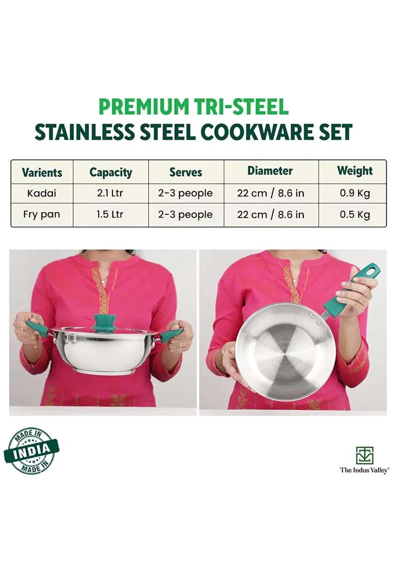 The Indus Valley Stainless Steel Cookware Set 3-Layer Thick Bottom | 1.5 L | 1.6 Qt | 22.8 cm | 9 Inch | 3-Piece Set | Non-Stick | With Lid - Indya
