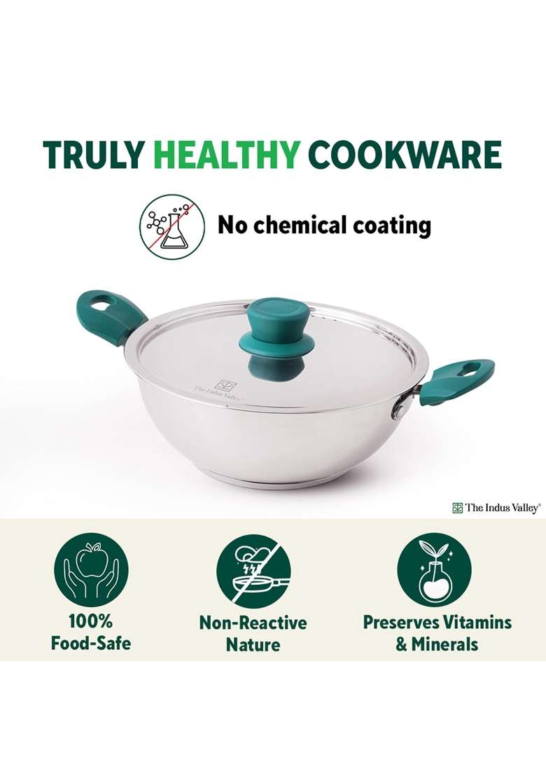 The Indus Valley Stainless Steel Cookware Set 3-Layer Thick Bottom | 1.5 L | 1.6 Qt | 22.8 cm | 9 Inch | 3-Piece Set | Non-Stick | With Lid - Indya