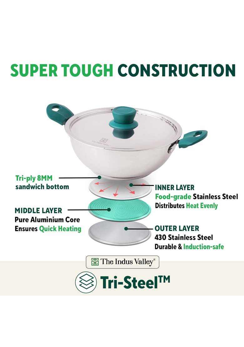 The Indus Valley Stainless Steel Cookware Set 3-Layer Thick Bottom | 1.5 L | 1.6 Qt | 22.8 cm | 9 Inch | 3-Piece Set | Non-Stick | With Lid - Indya