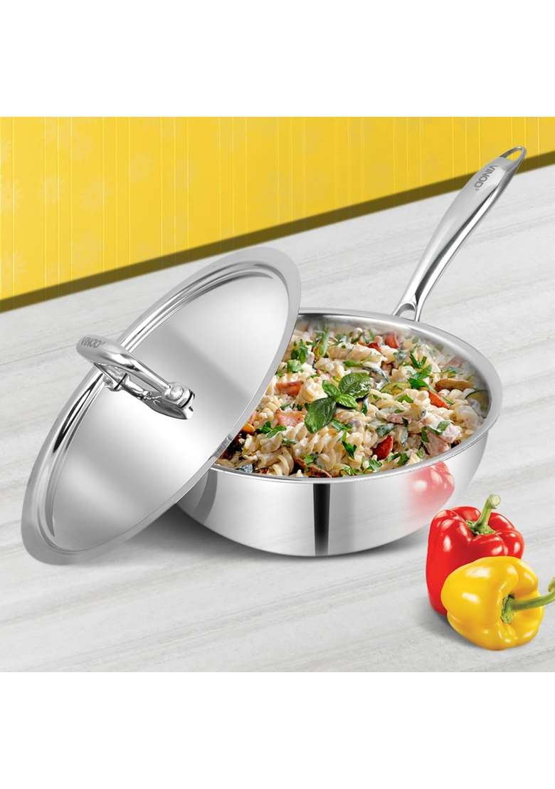 Vinod Platinum Triply Stainless Steel Deep Frying Pan with Lid | 1.8 L | 1.9 Qt | 20 cm | 7.9 Inch | Induction Compatible | Heavy Bottom - Indya