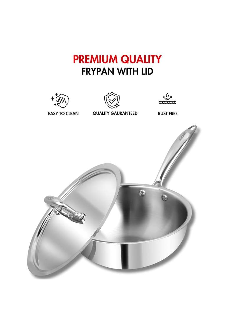 Vinod Platinum Triply Stainless Steel Deep Frying Pan with Lid | 1.8 L | 1.9 Qt | 20 cm | 7.9 Inch | Induction Compatible | Heavy Bottom - Indya