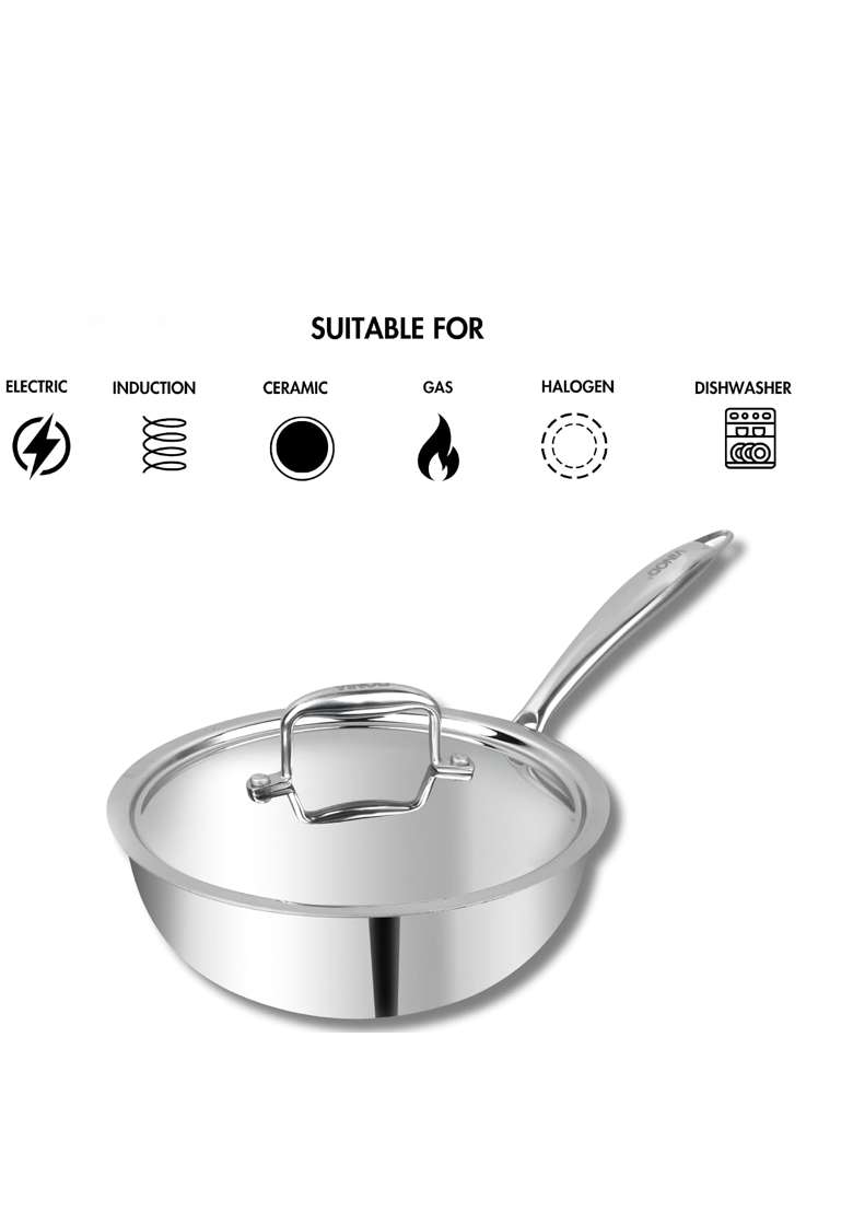 Vinod Platinum Triply Stainless Steel Deep Frying Pan with Lid | 1.8 L | 1.9 Qt | 20 cm | 7.9 Inch | Induction Compatible | Heavy Bottom - Indya