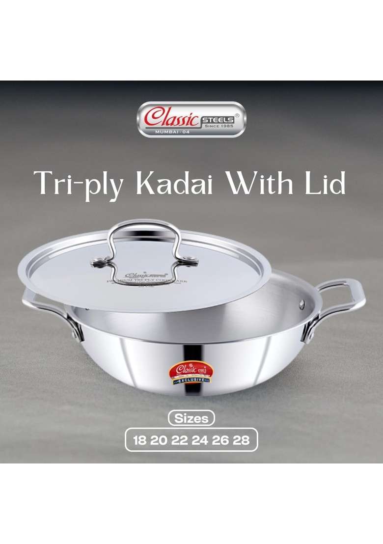 Classic Steels Triply Stainless Steel Kadai Wok with Lid | 1500 ml | 50.7 fl oz | 18 cm | 7.1 Inch | Induction Compatible - Indya