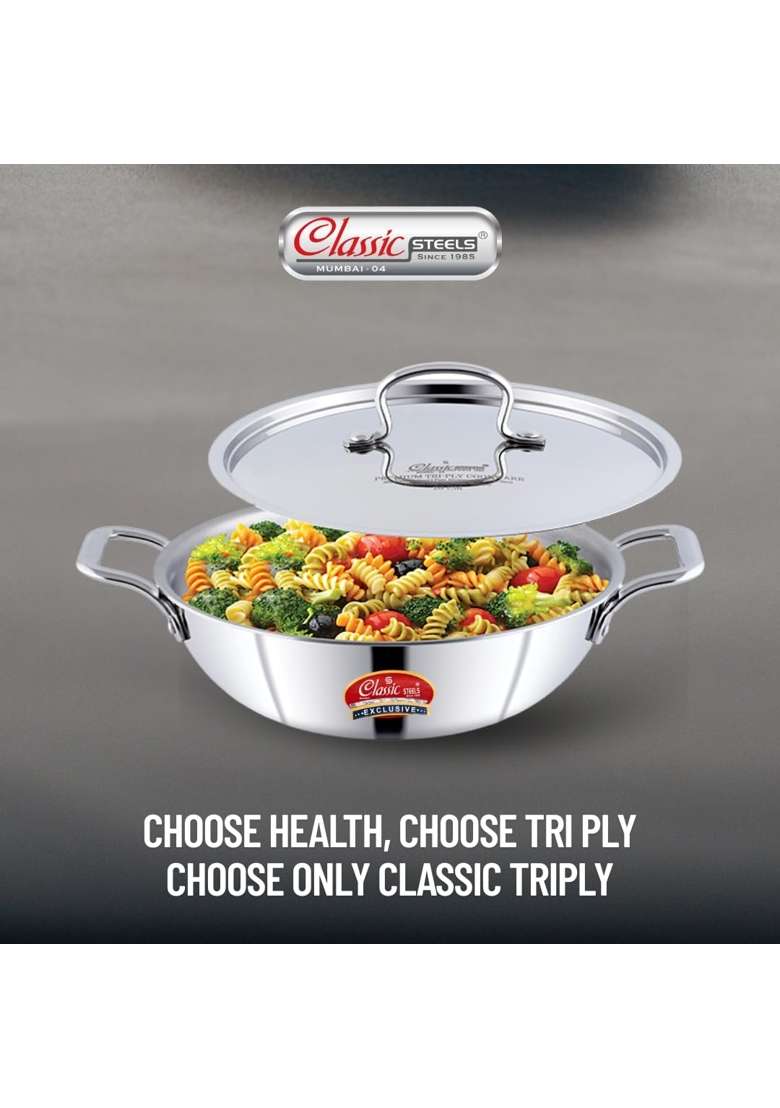 Classic Steels Triply Stainless Steel Kadai Wok with Lid | 1500 ml | 50.7 fl oz | 18 cm | 7.1 Inch | Induction Compatible - Indya