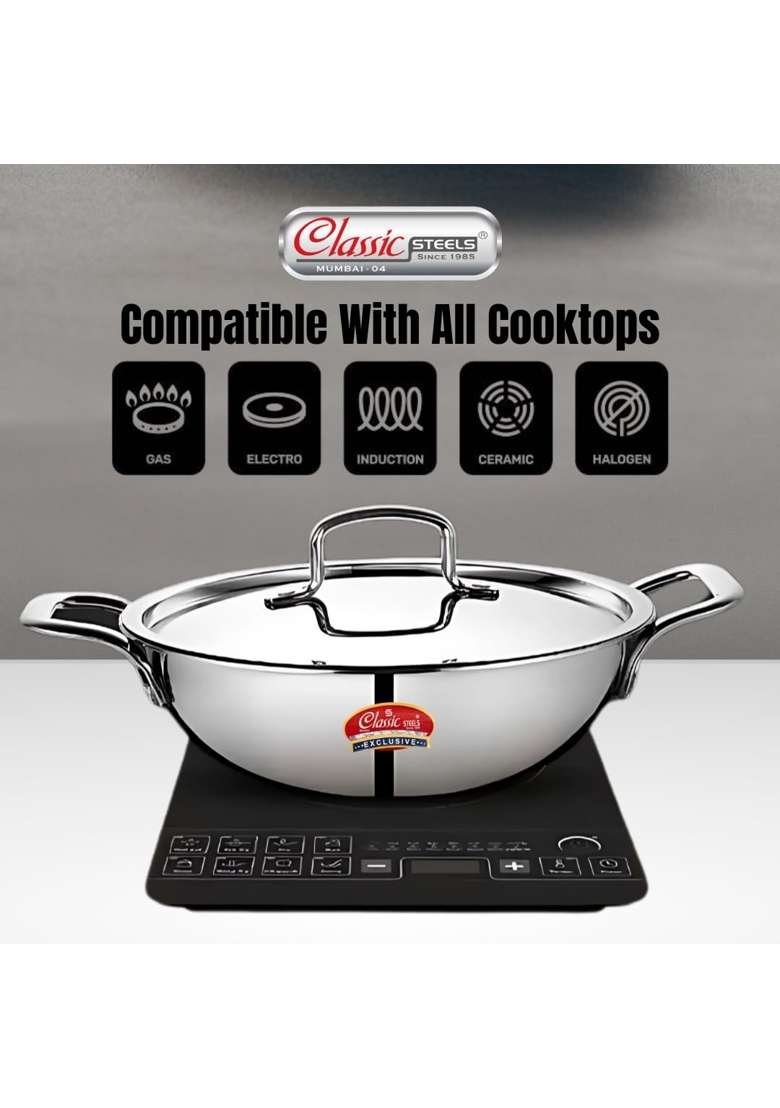 Classic Steels Triply Stainless Steel Kadai Wok with Lid | 1500 ml | 50.7 fl oz | 18 cm | 7.1 Inch | Induction Compatible - Indya