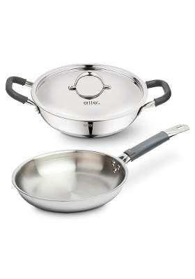 Allo Stainless Steel Triply Cookware Set | 1.5 L | 1.6 Qt | 20 cm | 7.9 Inch | 3-Piece Set | Induction Compatible | Non-Stick | With Lid