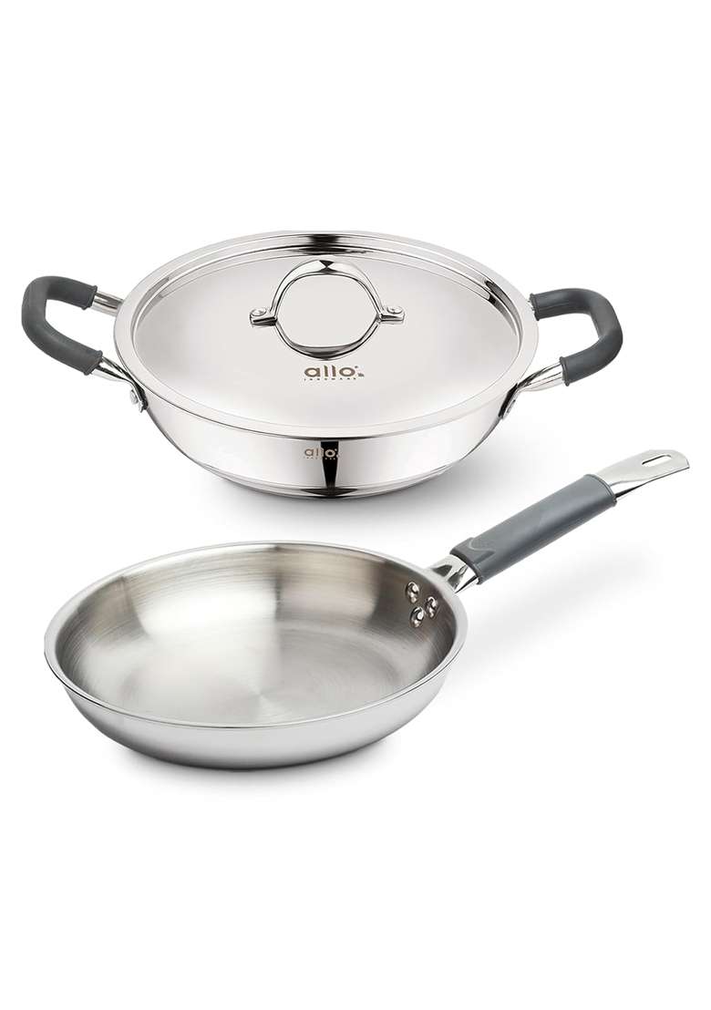 Allo Stainless Steel Triply Cookware Set | 1.5 L | 1.6 Qt | 20 cm | 7.9 Inch | 3-Piece Set | Induction Compatible | Non-Stick | With Lid - Indya