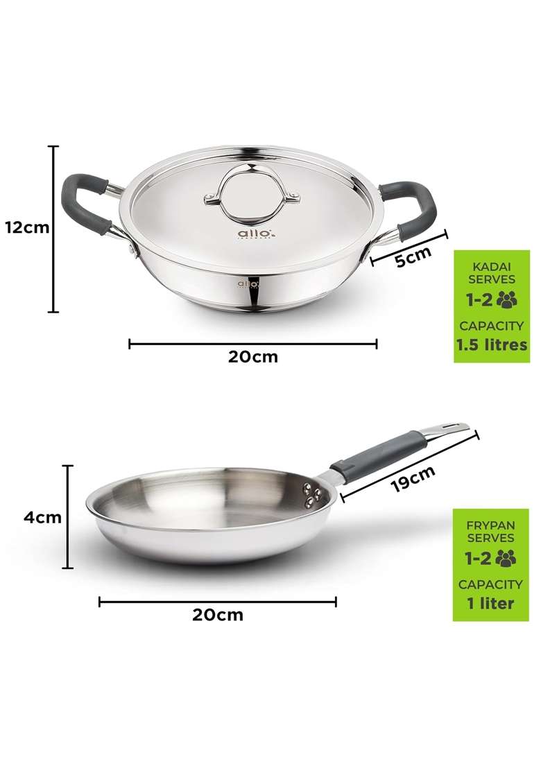 Allo Stainless Steel Triply Cookware Set | 1.5 L | 1.6 Qt | 20 cm | 7.9 Inch | 3-Piece Set | Induction Compatible | Non-Stick | With Lid - Indya