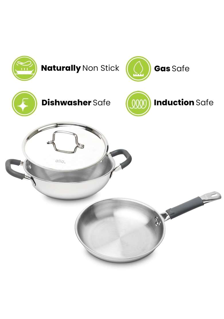 Allo Stainless Steel Triply Cookware Set | 1.5 L | 1.6 Qt | 20 cm | 7.9 Inch | 3-Piece Set | Induction Compatible | Non-Stick | With Lid - Indya