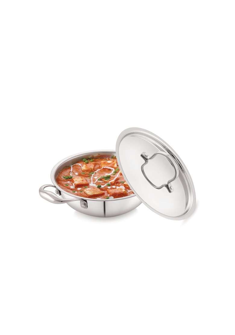 Anjali Tattva Triply Kadai Wok with Stainless Steel Lid | 2000 ml | 67.6 fl oz | Induction Compatible | Food Safe - Indya