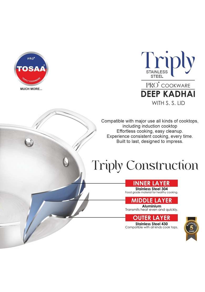 Tosaa Triply Stainless Steel Kadai with Lid Wok | 2000 ml | 67.6 fl oz | 24 cm | 9.4 Inch - Indya