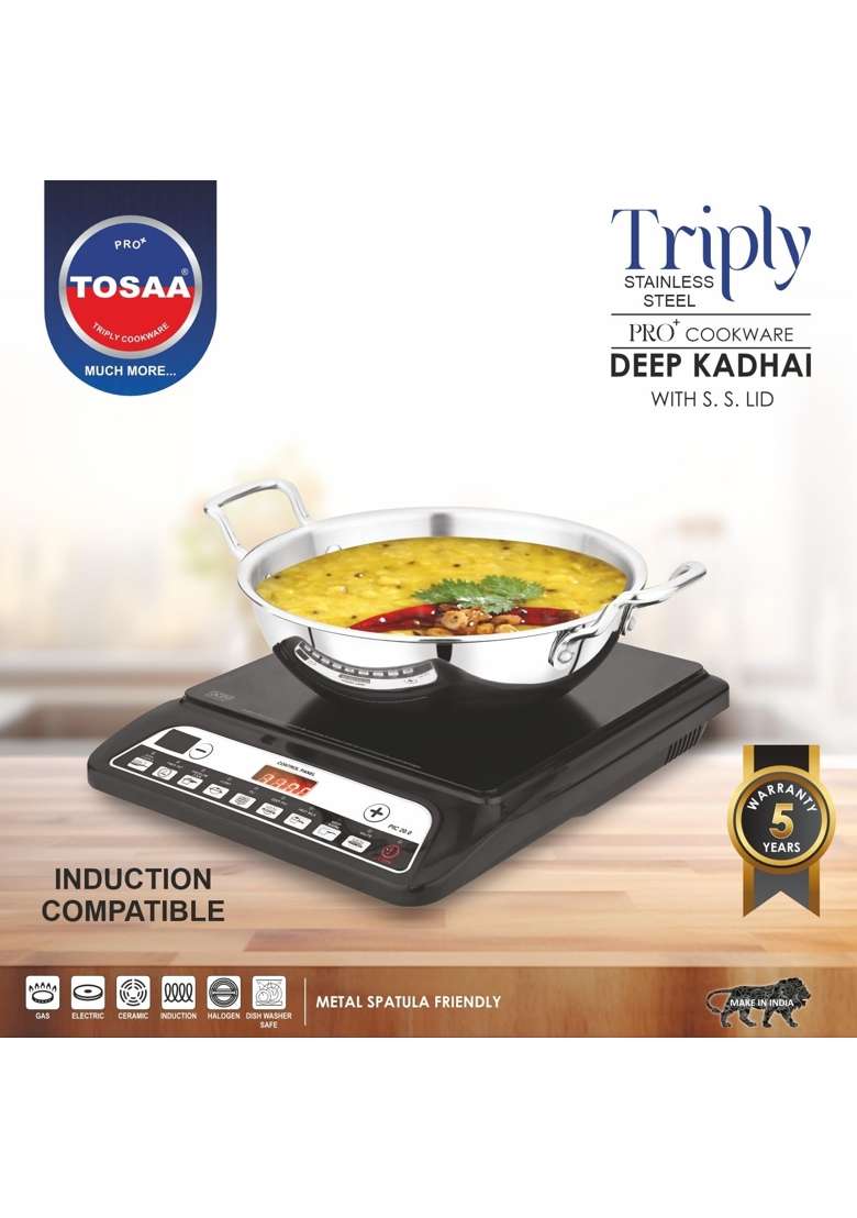 Tosaa Triply Stainless Steel Kadai with Lid Wok | 2000 ml | 67.6 fl oz | 24 cm | 9.4 Inch - Indya