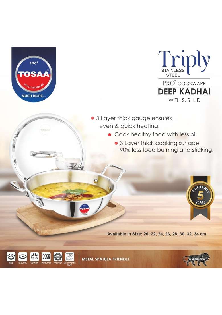 Tosaa Triply Stainless Steel Kadai with Lid Wok | 2000 ml | 67.6 fl oz | 24 cm | 9.4 Inch - Indya