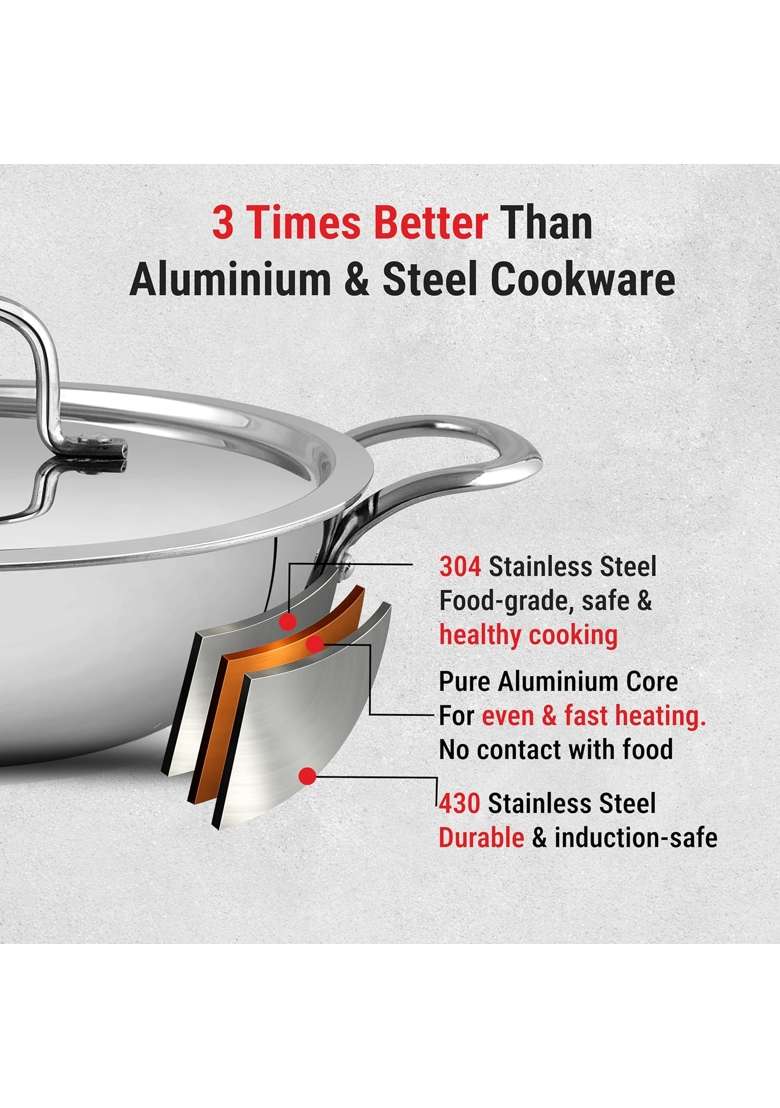 PNB Kitchenmate Triply Stainless Steel Kadai Wok | 4 L | 4.2 Qt | 28 cm | 11 Inch | Induction Compatible | Dishwasher Safe - Indya