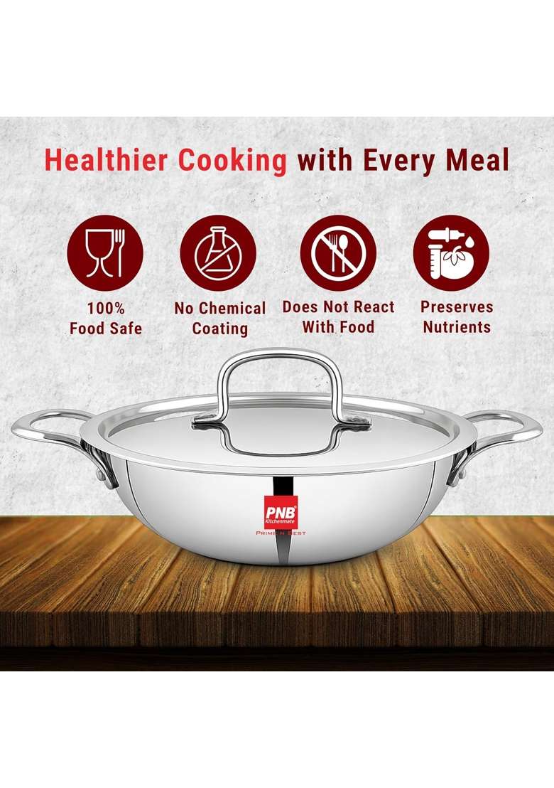 PNB Kitchenmate Triply Stainless Steel Kadai Wok | 4 L | 4.2 Qt | 28 cm | 11 Inch | Induction Compatible | Dishwasher Safe - Indya