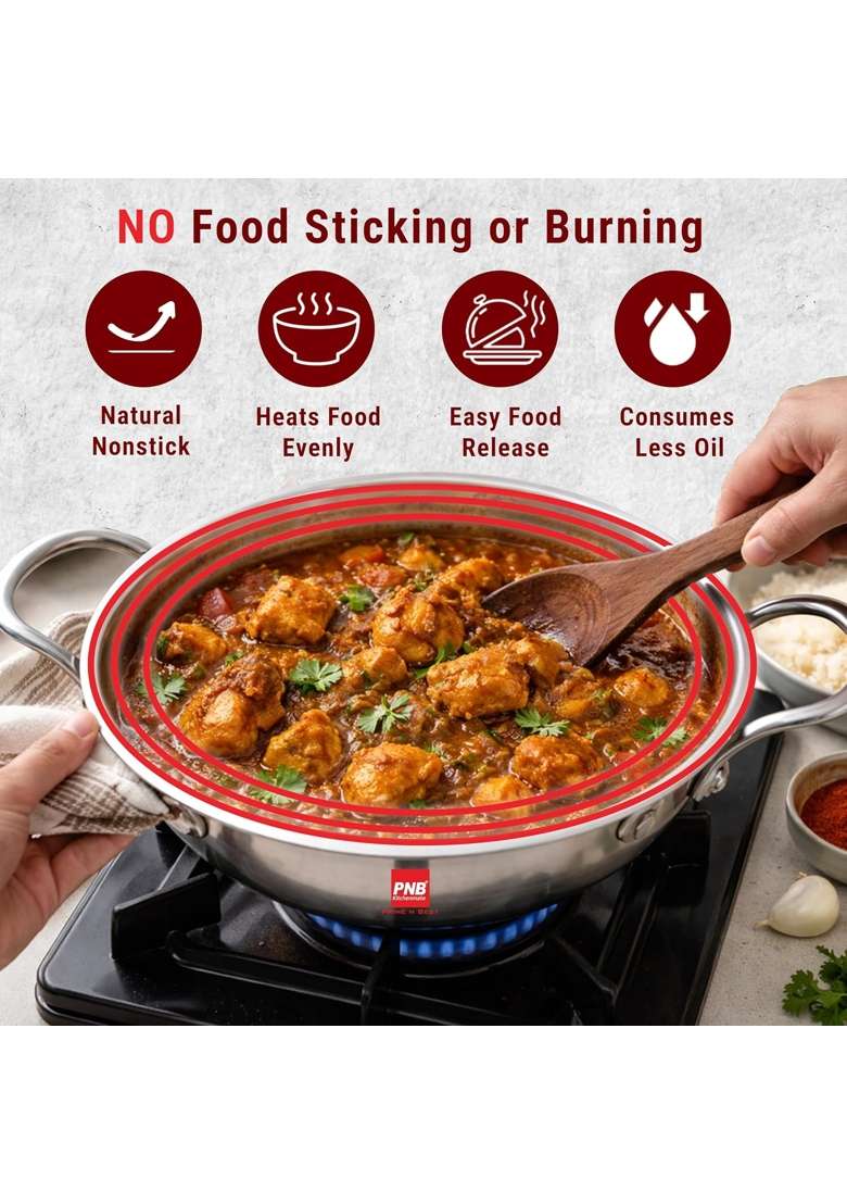 PNB Kitchenmate Triply Stainless Steel Kadai Wok | 4 L | 4.2 Qt | 28 cm | 11 Inch | Induction Compatible | Dishwasher Safe - Indya