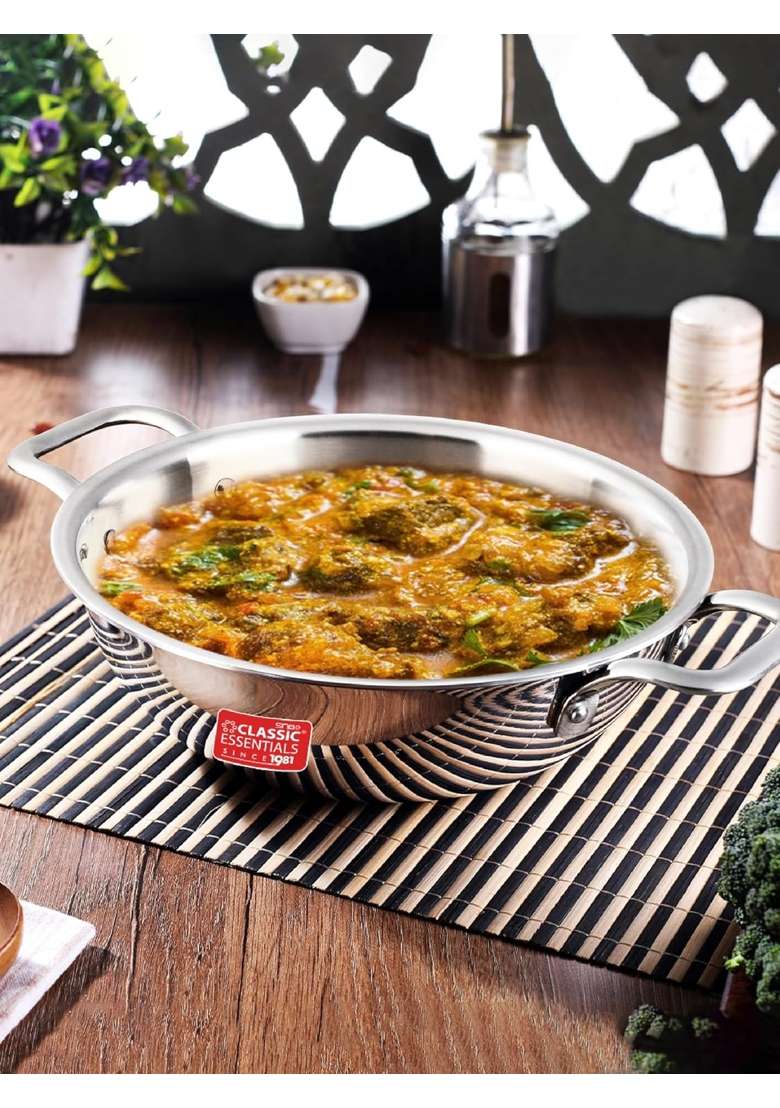 CLASSIC ESSENTIALS Triply Stainless Steel Kadai Wok | 2.5 L | 2.6 Qt | 24 cm | 9.4 Inch | Induction Compatible | Non-Toxic | Non-Stick - Indya