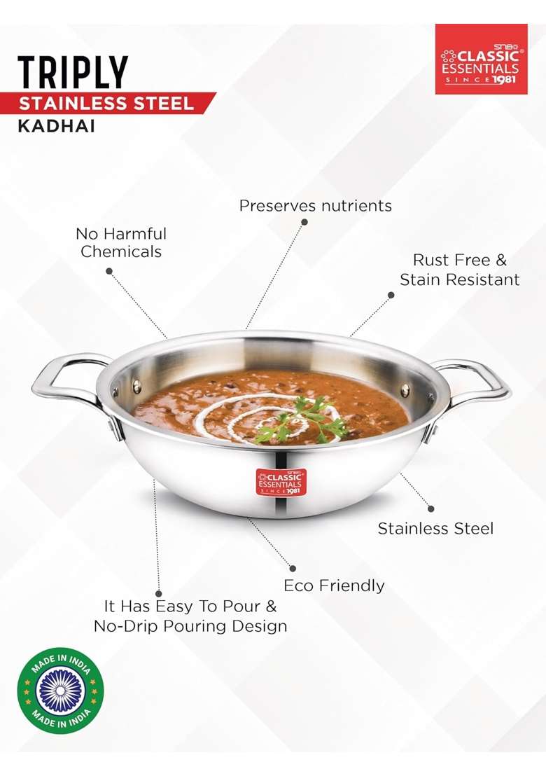 CLASSIC ESSENTIALS Triply Stainless Steel Kadai Wok | 2.5 L | 2.6 Qt | 24 cm | 9.4 Inch | Induction Compatible | Non-Toxic | Non-Stick - Indya