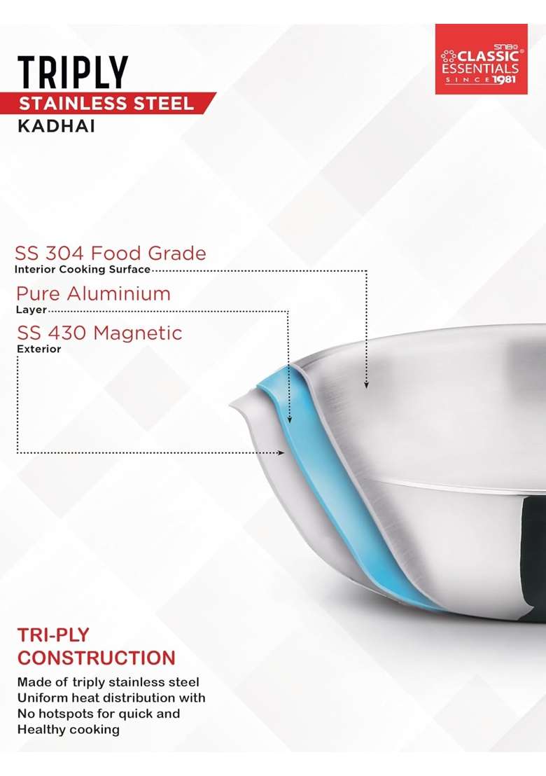 CLASSIC ESSENTIALS Triply Stainless Steel Kadai Wok | 2.5 L | 2.6 Qt | 24 cm | 9.4 Inch | Induction Compatible | Non-Toxic | Non-Stick - Indya
